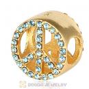 Gold Plated Sterling Silver Peace Button Beads with Aquamarine Austrian Crystal