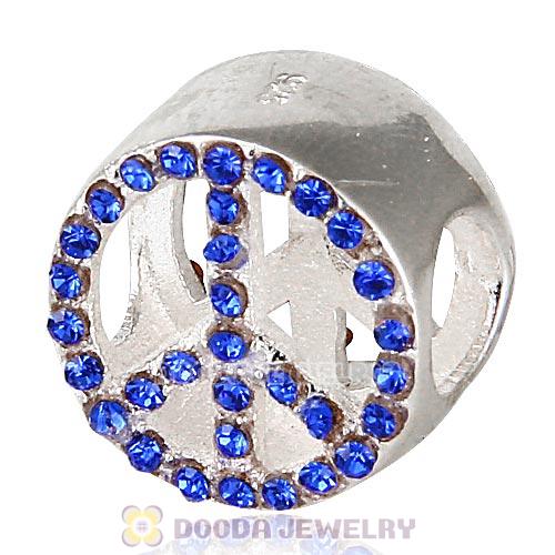 Sterling Silver Peace Button Beads with Sapphire Austrian Crystal