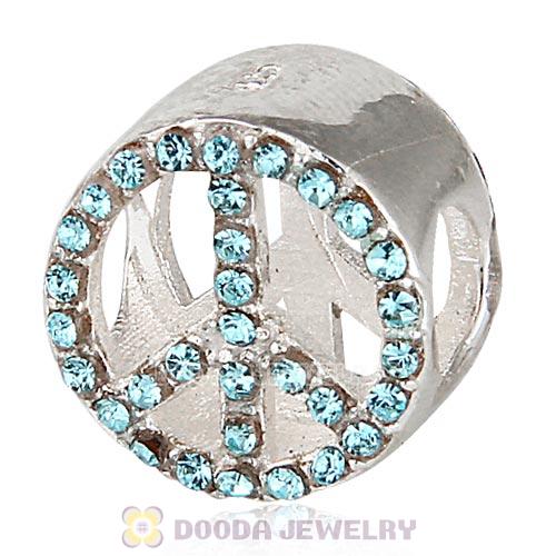 Sterling Silver Peace Button Beads with Aquamarine Austrian Crystal