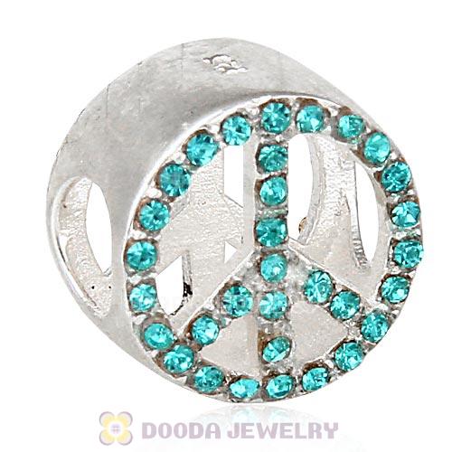 Sterling Silver Peace Button Beads with Blue Zircon Austrian Crystal