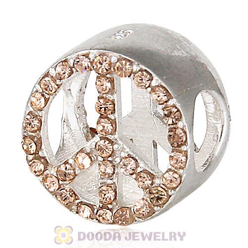 Sterling Silver Peace Button Beads with Light Peach Austrian Crystal