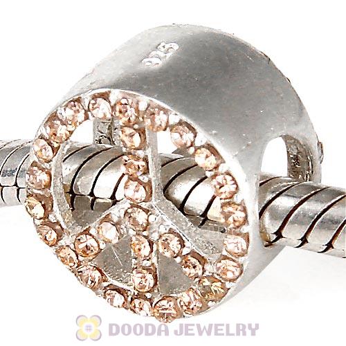 Sterling Silver Peace Button Beads with Light Peach Austrian Crystal