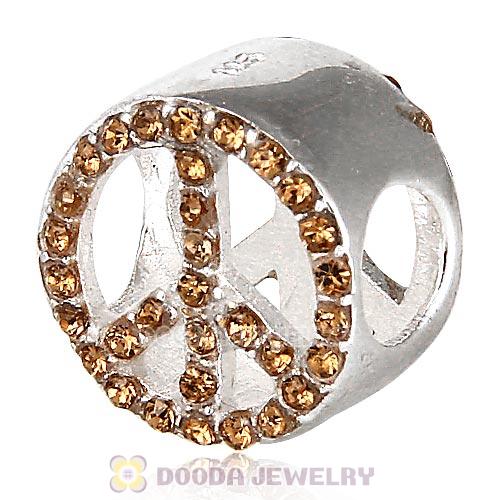 Sterling Silver Peace Button Beads with Smoked Topaz Austrian Crystal