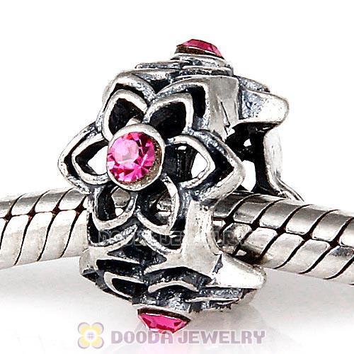 European Sterling Silver Dahlia Charm Beads with Rose Austrian Crystal