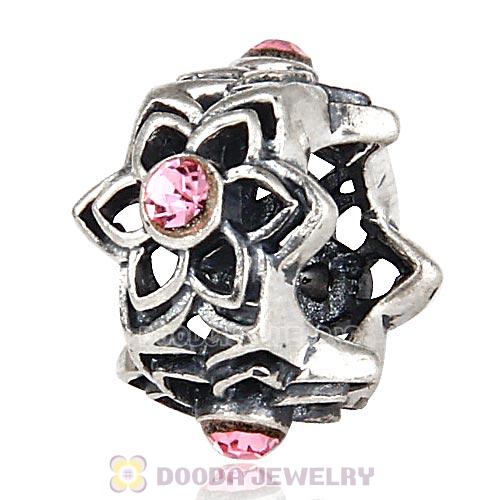 European Sterling Silver Dahlia Charm Beads with Light Rose Austrian Crystal