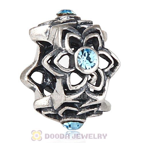 European Sterling Silver Dahlia Charm Beads with Aquamarine Austrian Crystal