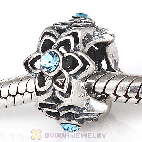 European Sterling Silver Dahlia Charm Beads with Aquamarine Austrian Crystal