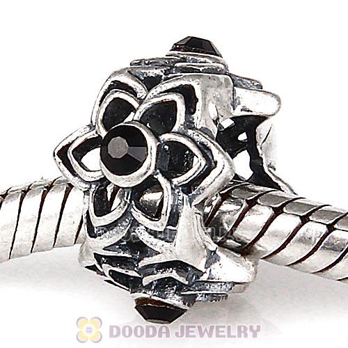 European Sterling Silver Dahlia Charm Beads with Jet Austrian Crystal