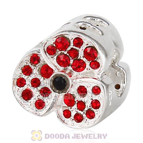 Sterling Silver Jeweled Poppy Beads with Red Austrian Crystal
