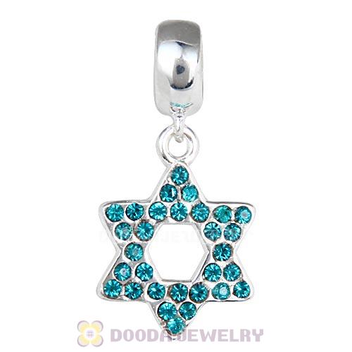 Sterling Silver Star Of David Dangle Beads with Blue Zircon Austrian Crystal