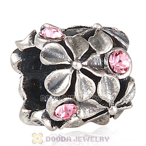 Sterling Silver Buttercup Flower European Beads with Light Rose Austrian Crystal