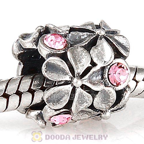 Sterling Silver Buttercup Flower European Beads with Light Rose Austrian Crystal