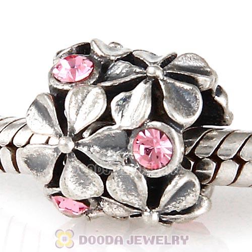 Sterling Silver Buttercup Flower European Beads with Light Rose Austrian Crystal