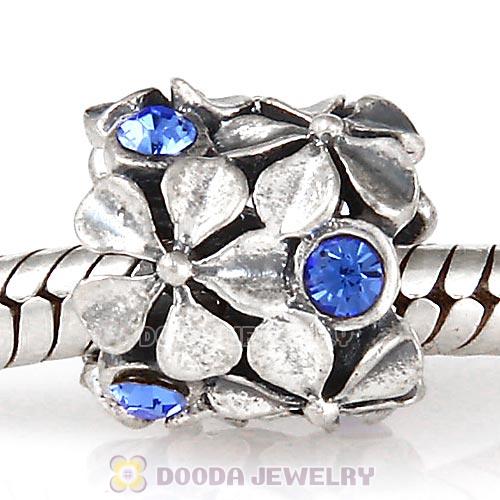Sterling Silver Buttercup Flower European Beads with Sapphire Austrian Crystal