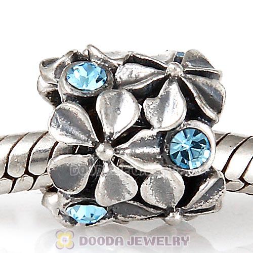Sterling Silver Buttercup Flower European Beads with Aquamarine Austrian Crystal