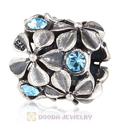 Sterling Silver Buttercup Flower European Beads with Aquamarine Austrian Crystal