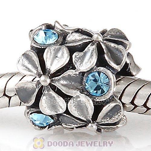 Sterling Silver Buttercup Flower European Beads with Aquamarine Austrian Crystal