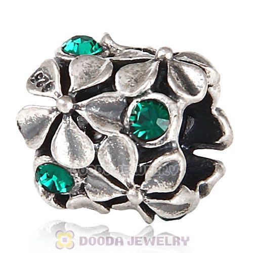 Sterling Silver Buttercup Flower European Beads with Emerald Austrian Crystal