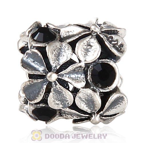 Sterling Silver Buttercup Flower European Beads with Jet Austrian Crystal