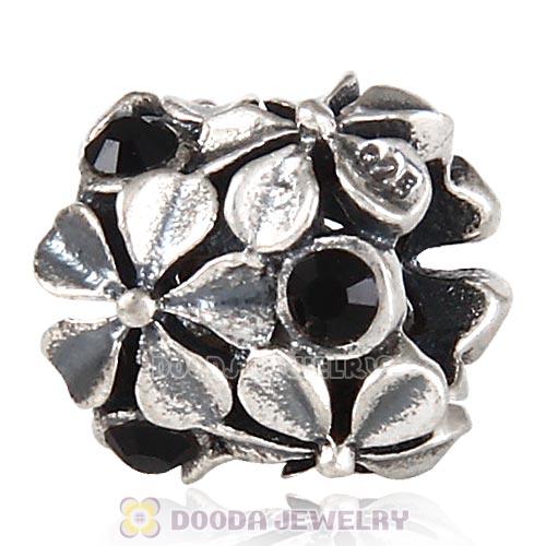 Sterling Silver Buttercup Flower European Beads with Jet Austrian Crystal