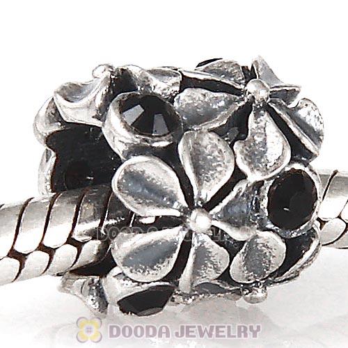 Sterling Silver Buttercup Flower European Beads with Jet Austrian Crystal