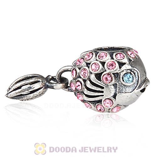Sterling Silver Splish Splash Fish Charm with Light Rose Austrian Crystal