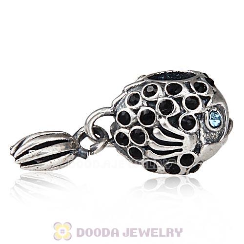 Sterling Silver Splish Splash Fish Charm with Jet Austrian Crystal