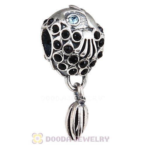 Sterling Silver Splish Splash Fish Charm with Jet Austrian Crystal