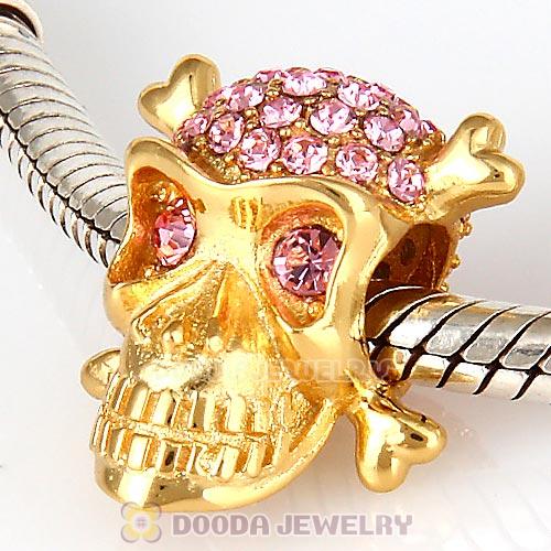 Sterling Silver Gold Plated Skull Beads with Light Rose Austrian Crystal