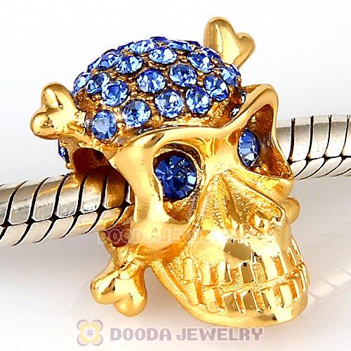 Sterling Silver Gold Plated Skull Beads with Sapphire Austrian Crystal