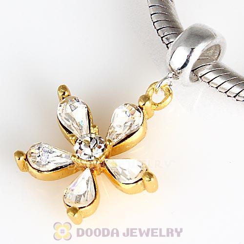 Sterling Silver Dangle Gold Plated Flower Beads with Clear Austrian Crystal
