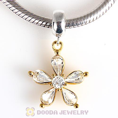 Sterling Silver Dangle Gold Plated Flower Beads with Clear Austrian Crystal