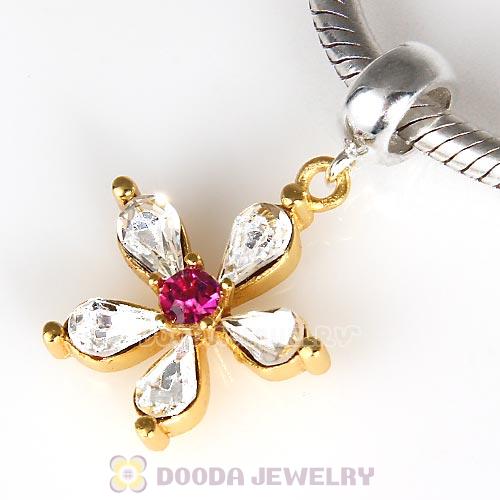 Sterling Silver Dangle Gold Plated Flower Beads with Fuchsia Clear Austrian Crystal