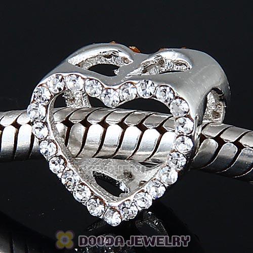 European Sterling Silver Heart Beads with Clear Austrian Crystal