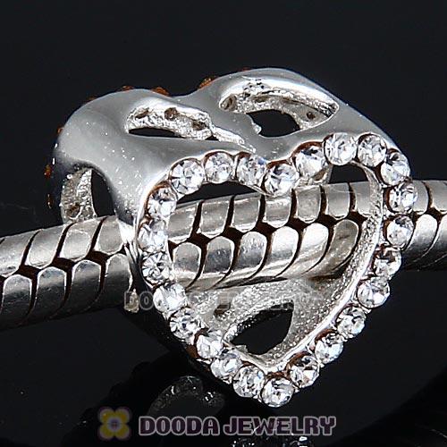European Sterling Silver Heart Beads with Clear Austrian Crystal