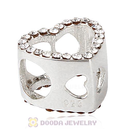 European Sterling Silver Heart Beads with Clear Austrian Crystal