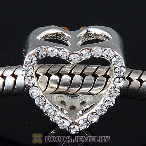 European Sterling Silver Heart Beads with Clear Austrian Crystal