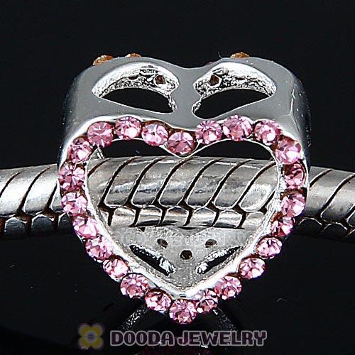 European Sterling Silver Heart Beads with Light Rose Austrian Crystal