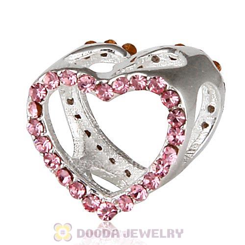 European Sterling Silver Heart Beads with Light Rose Austrian Crystal