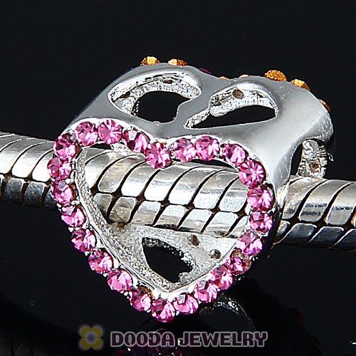 European Sterling Silver Heart Beads with Rose Austrian Crystal