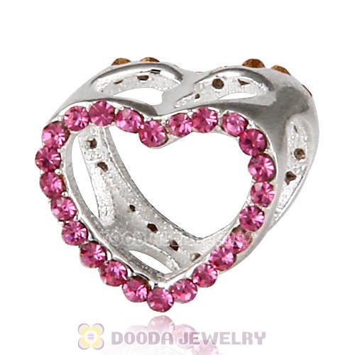 European Sterling Silver Heart Beads with Rose Austrian Crystal