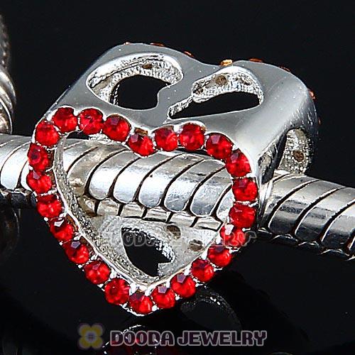 European Sterling Silver Heart Beads with Light Siam Austrian Crystal