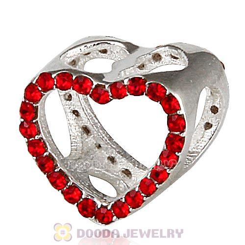 European Sterling Silver Heart Beads with Light Siam Austrian Crystal