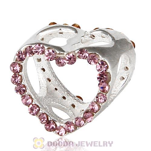 European Sterling Silver Heart Beads with Light Amethyst Austrian Crystal