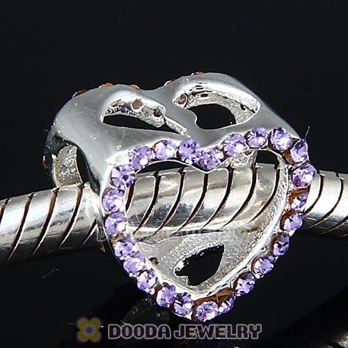 European Sterling Silver Heart Beads with Violet Austrian Crystal
