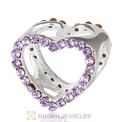 European Sterling Silver Heart Beads with Violet Austrian Crystal
