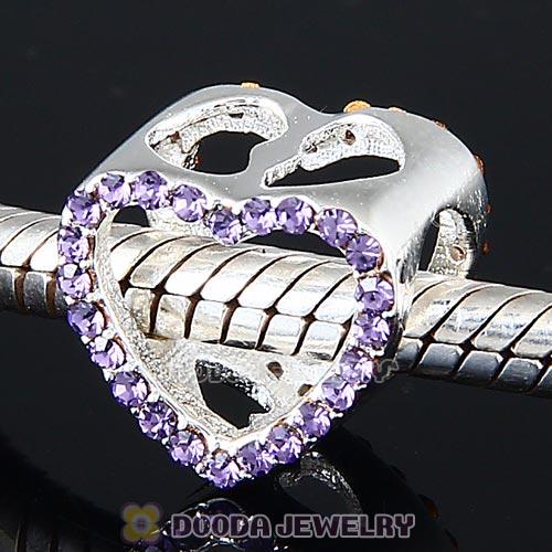European Sterling Silver Heart Beads with Tanzanite Austrian Crystal