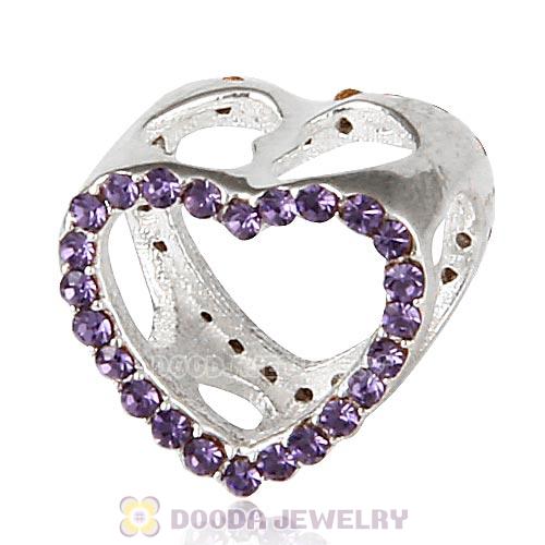 European Sterling Silver Heart Beads with Tanzanite Austrian Crystal