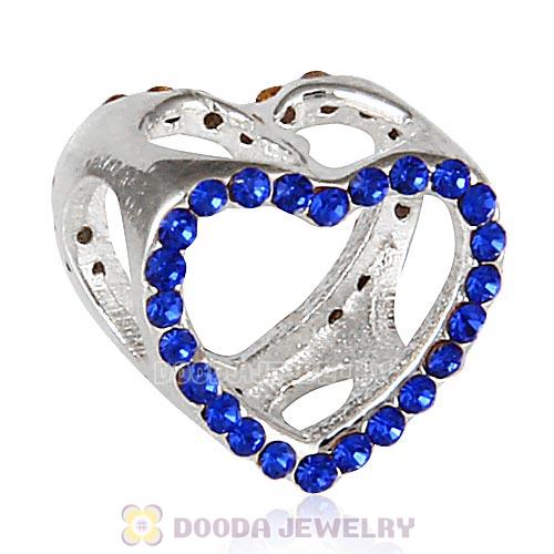European Sterling Silver Heart Beads with Sapphire Austrian Crystal