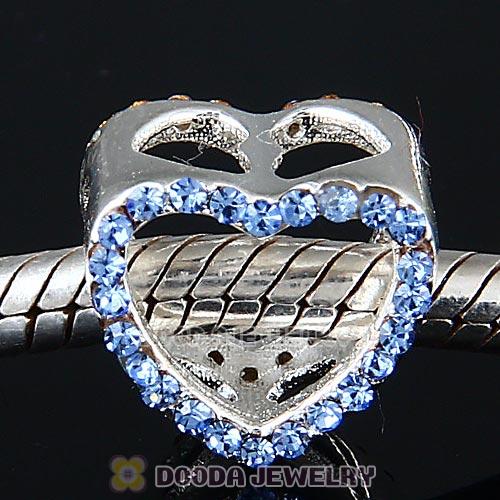 European Sterling Silver Heart Beads with Light Sapphire Austrian Crystal